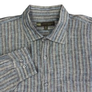 Robert Barakett 100% Linen Long Sleeve Shirt Mens XXL Blue Striped Button Up